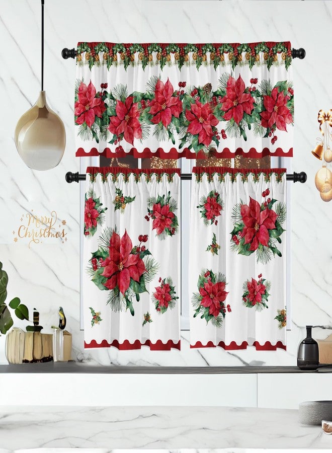Cuteiush 3Pc Christmas Poinsettia Kitchen Curtain Valances and Tiers Set for Kitchen Bedroom Window Decor, 52x18 & 27x24Inchesx2 Red and Green - Image 3